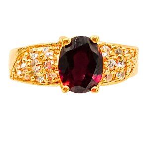 Vintage Lind Gold Plated Garnet Simulated Diamond Ring Women 7.75 Oval Cocktail